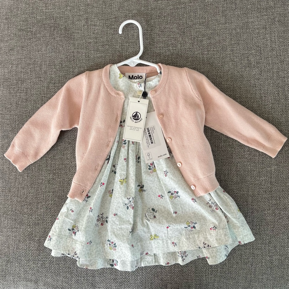 Petit Badeau Floral Baby Girl Dress with Molo Cardigan in Peach Blossom 6M *NWT*